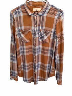 Thread & Supply Rust and White Plaid Button-Down Light Flannel Shirt. Size Small